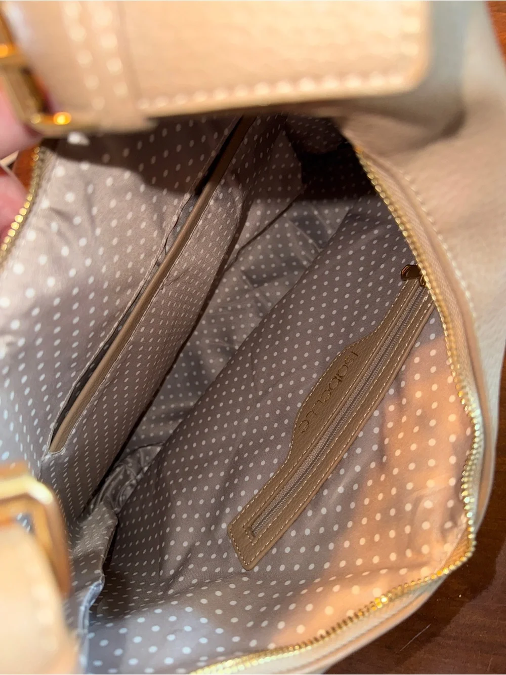Isabelle Pebbled Hobo Shoulder Bag w/ Gold Hardware & Wristlet - Beige